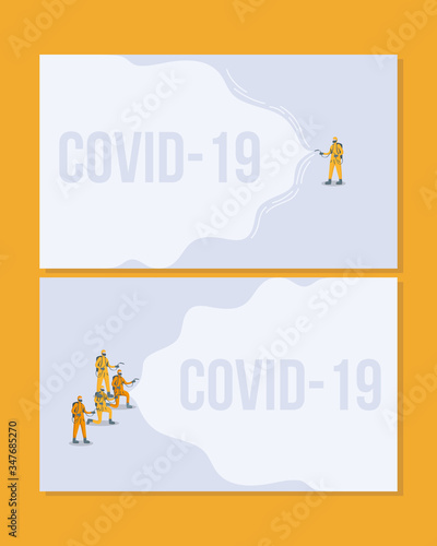 men cleaners with biosafety suits covid19