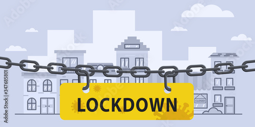 Virus lockdown barrier chain over city. Pandemic. Biohazard warning sign. Stock vector illustration in flat design.