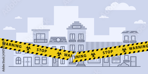 Concepts of open lockdown after coronavirus pandemic outbreak. Torn yellow tape over city. Stock vector illustration
