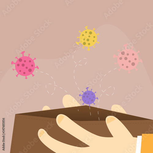 Virus fly away from Empty wallet money trouble for covid-19 concept