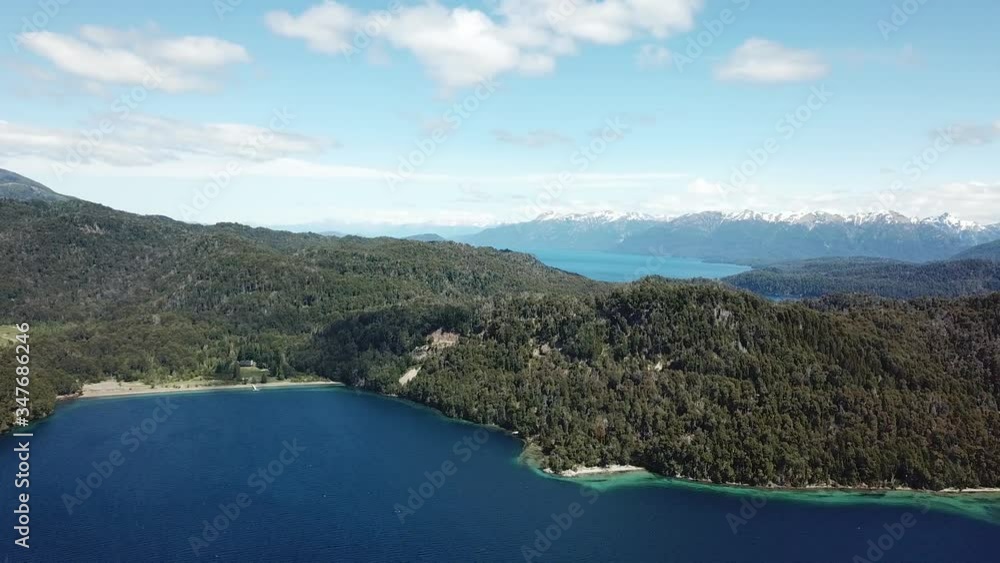 Espejo Grande Lake, Argentinian Side, Aerial View of Coastline Landscape Under Andes Mountains Espejo Grande Lake, Argentinian Side, Aerial View of Coastline Landscape Under Andes Mountains