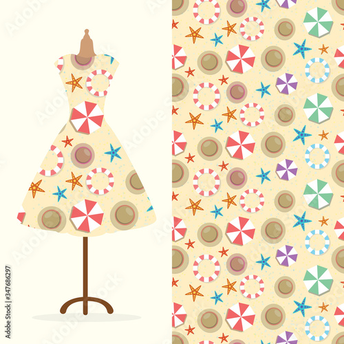 Womens long dress mock up with bright seamless hand drawn pattern for textile, paper print. vector illustration