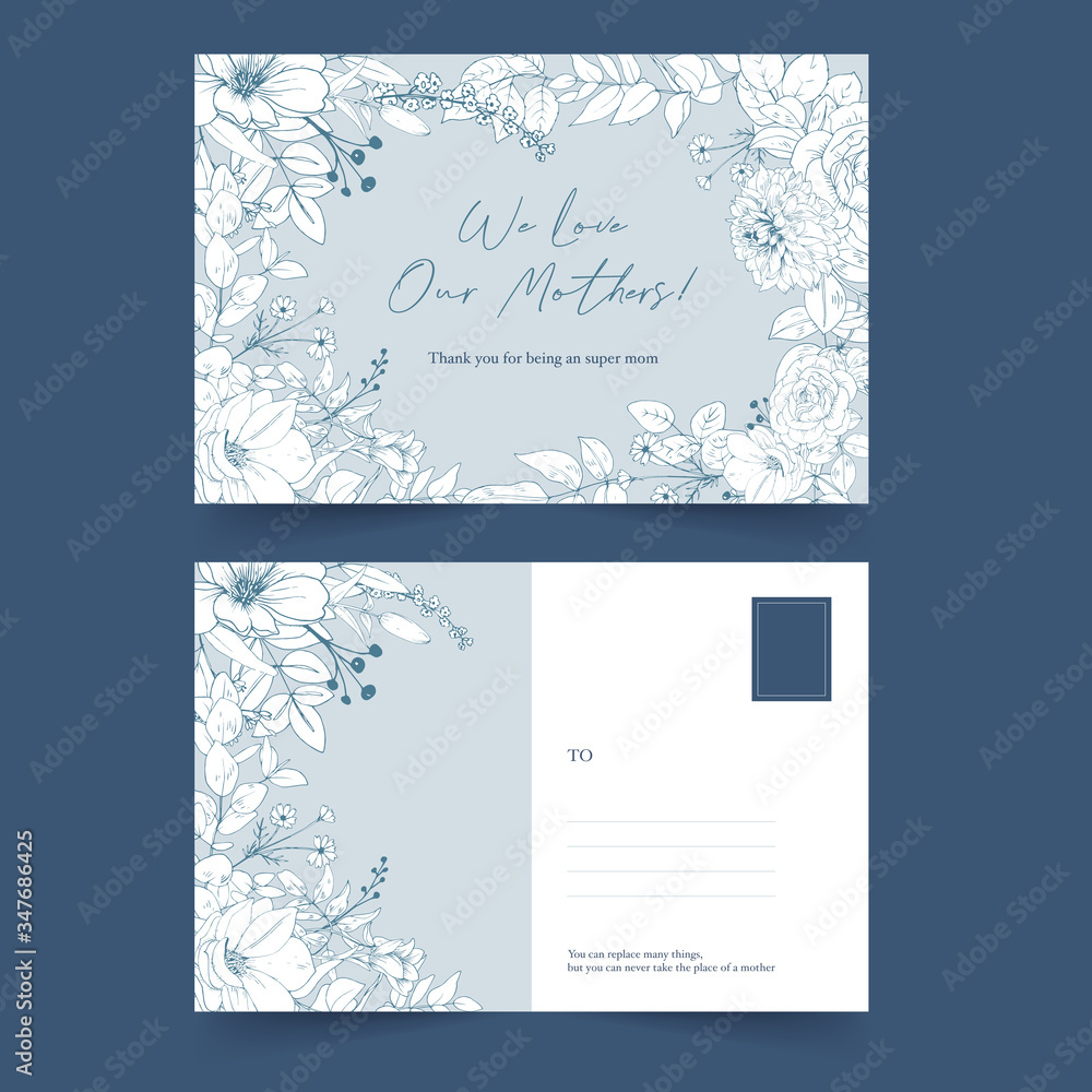 Line flower postcard design with one line floral drawing for congratulation,letter,invitation.