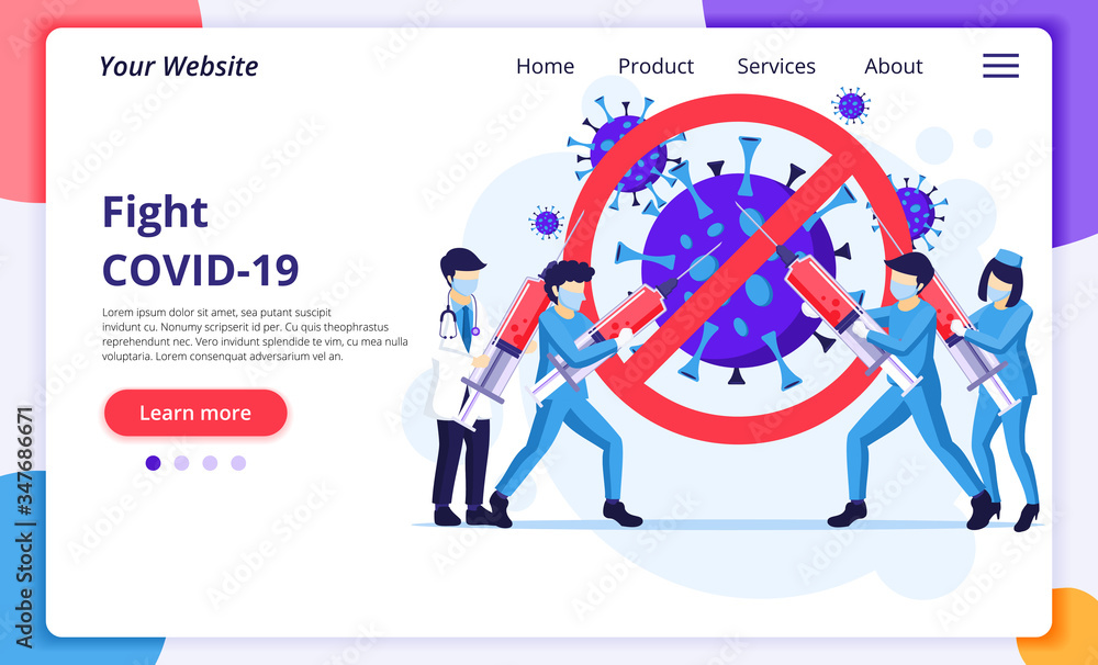 People fight the Virus Concept, Doctor and nurses use weapon to fighting Covid-19 coronavirus. Modern flat web landing page design template. Vector illustration People fight the Virus Concept, Doctor and nurses use weapon to fighting Covid-19 coronavirus. Modern flat web landing page design template. Vector illustration