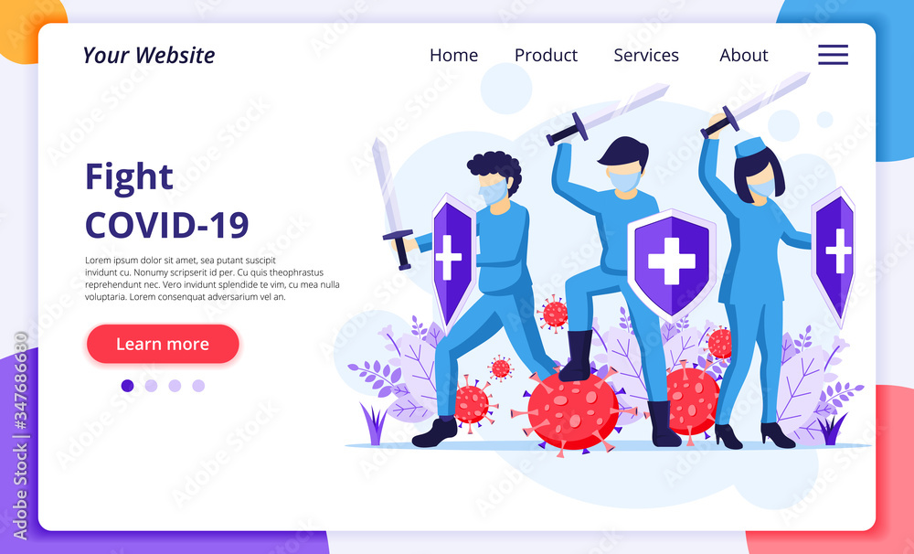 Fight the Virus Concept, Doctor and nurses use sword and shield to fighting Covid-19 coronavirus. Modern flat web landing page design template. Vector illustration