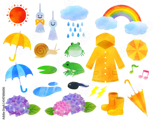  梅雨イラストセット/アナログ風
