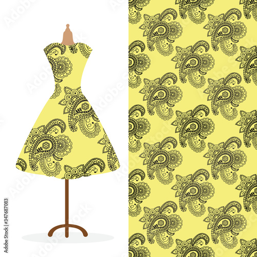 Womens long dress mock up with bright seamless hand drawn pattern for textile, paper print. vector illustration