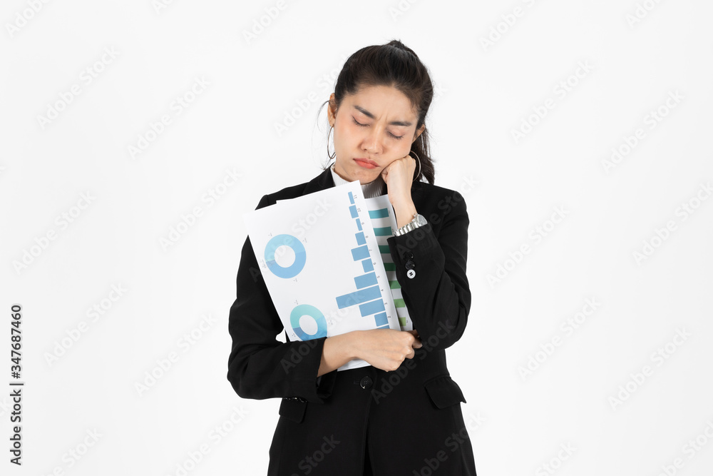 Tired stressed and confused young Asian business woman in suit troubled with financial problem over white isolated background. Tired stressed and confused young Asian business woman in suit troubled with financial problem over white isolated background.