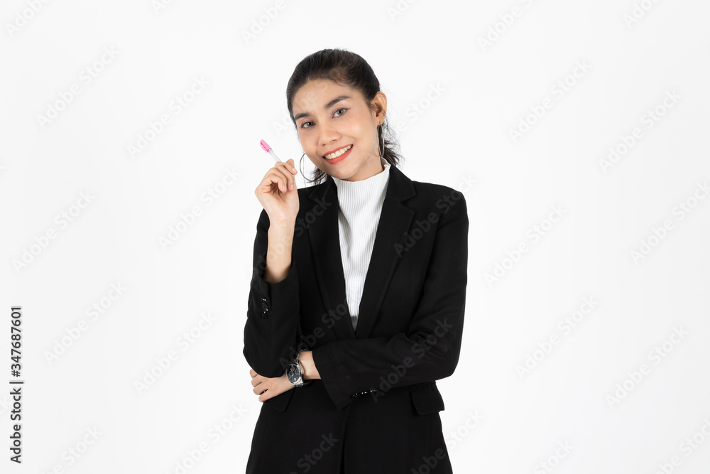 Portrait of attractive young Asian business woman having idea posing on white isolated background. Portrait of attractive young Asian business woman having idea posing on white isolated background.