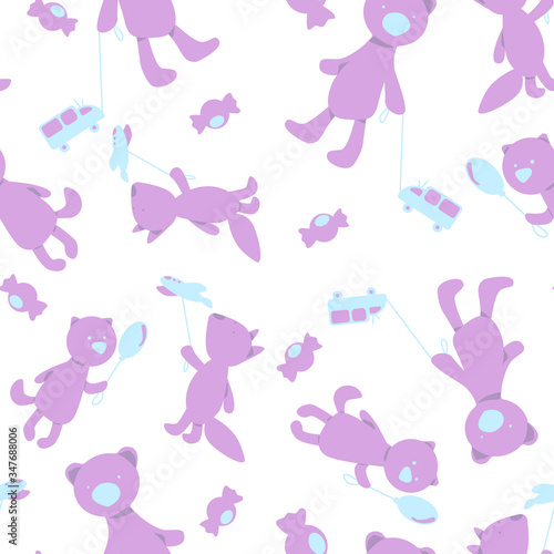 Seamless pattern for children - baby animals bear, fox and cat with toys