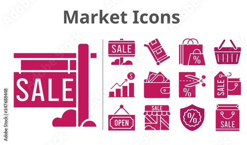 market icons set. included shopping bag, profits, sale, shop, wallet, voucher, warranty, shopping-basket, open, trolley icons. filled styles. © crysis.design