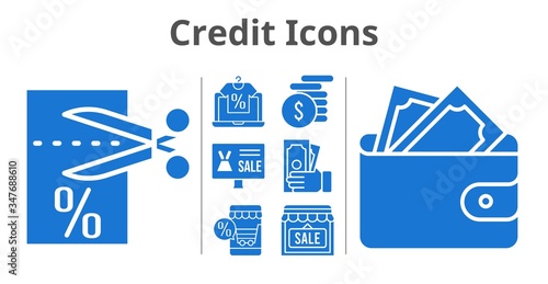 credit icons set. included online shop, shop, wallet, money, voucher icons. filled styles.