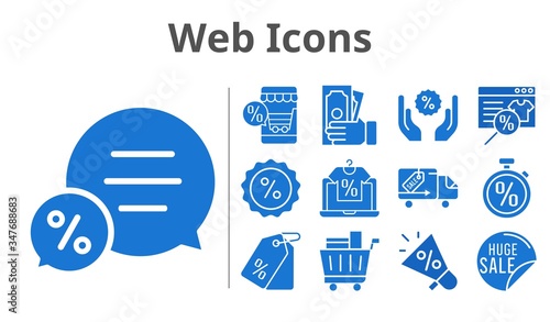 web icons set. included megaphone, online shop, sale, money, chat, price tag, shopping cart, discount, delivery truck, stopwatch icons. filled styles.