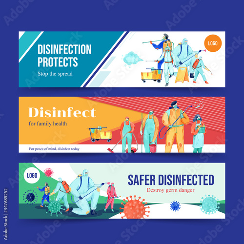 Disinfection banner design with spraying,cleaning,washing and disinfectant protect virus,bacteria and coronavirus or 2019-ncov