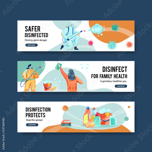 Disinfection banner design with spraying,cleaning,washing and disinfectant protect virus,bacteria and coronavirus or 2019-ncov