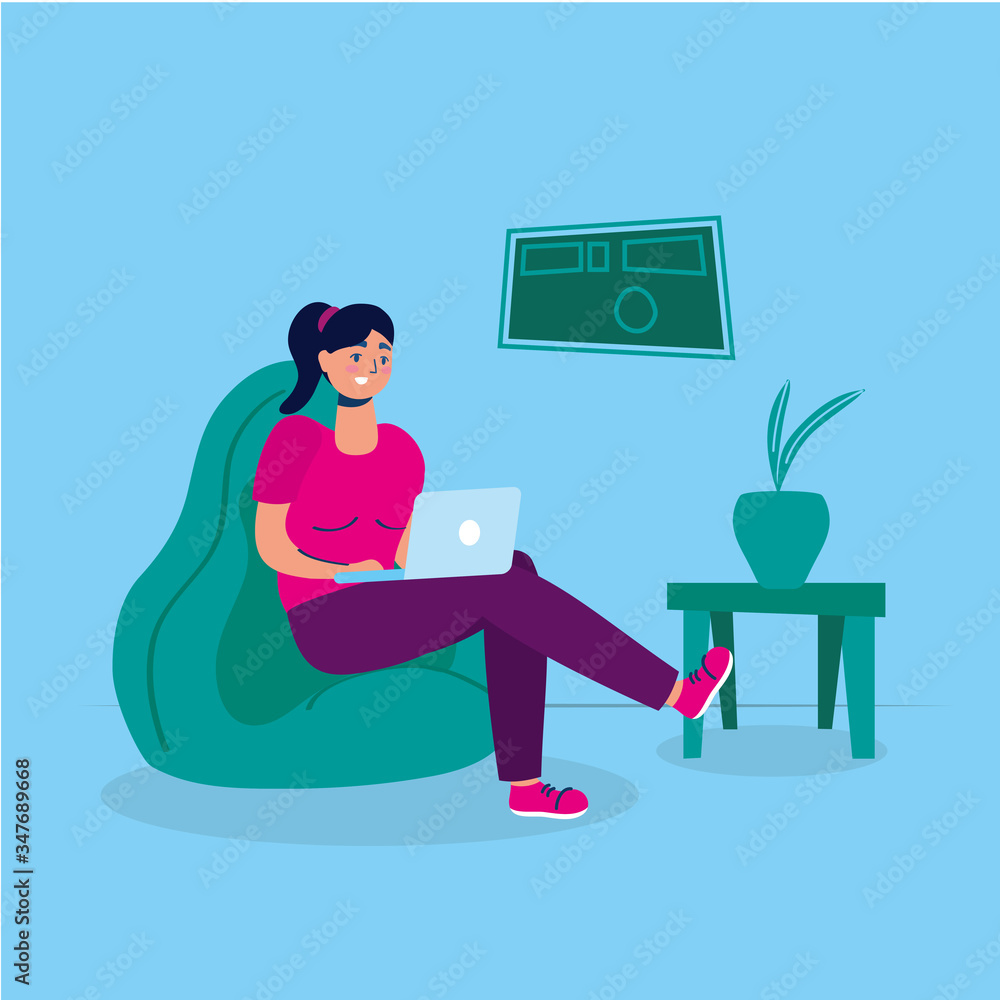 woman using laptop in sofa stay at home campaign