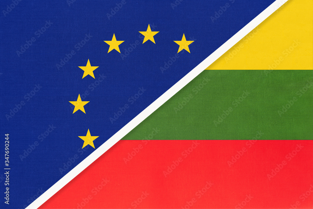 European Union or EU vs Lithuania national flag from textile. Symbol of the Council of Europe association. European Union or EU vs Lithuania national flag from textile. Symbol of the Council of Europe association.