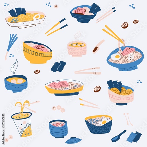Hand drawn ramen noodle in bowl and soup. vector pattern.