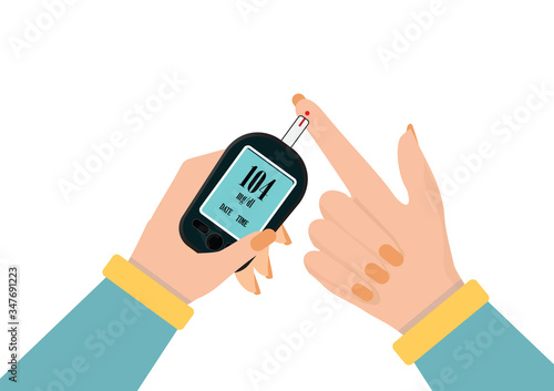 Human hand check diabetes and high blood glucose monitor with digital pressure gauge.