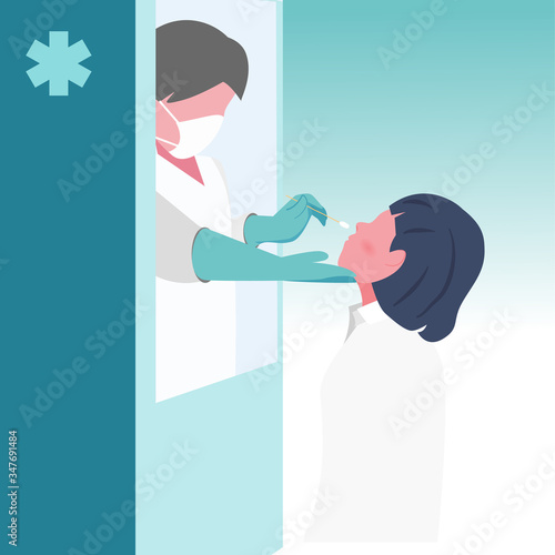 Woman taking Coronavirus (COVID-19) or DNA test by nasal (nose) swab probe at testing booth (station) outside hospital.