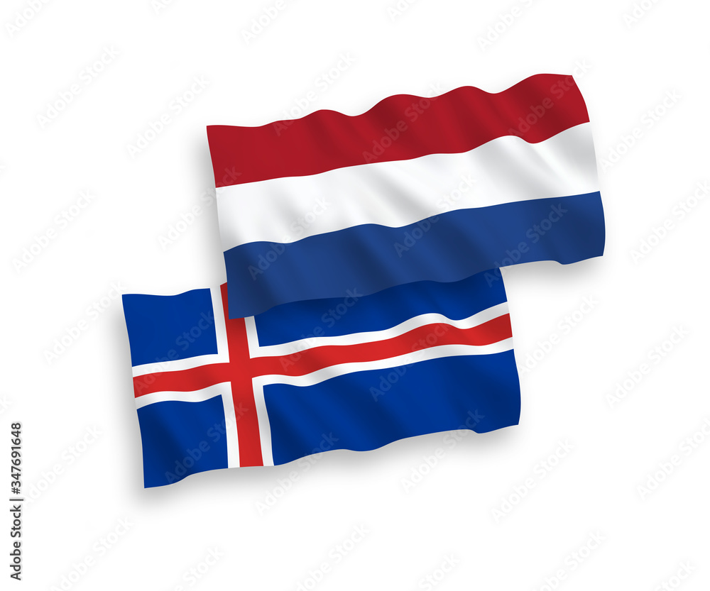 National vector fabric wave flags of Iceland and Netherlands isolated on white background. 1 to 2 proportion. National vector fabric wave flags of Iceland and Netherlands isolated on white background. 1 to 2 proportion.