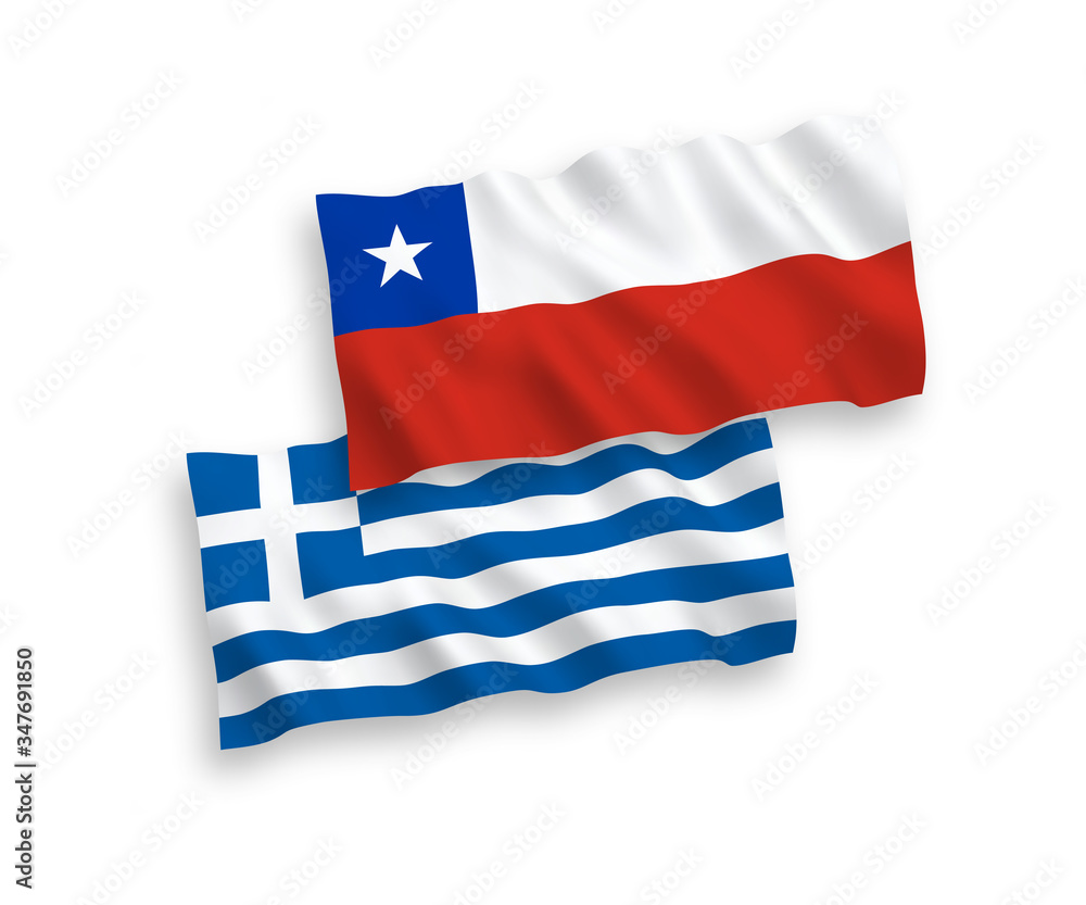 Naklejka premium National vector fabric wave flags of Greece and Chile isolated on white background. 1 to 2 proportion.