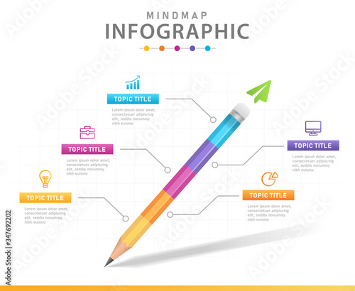 Infographic template for business. 5 steps Modern Mindmap diagram with pencil, presentation vector infographic.