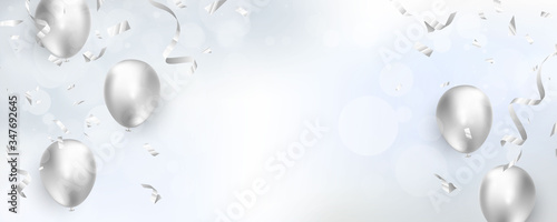Celebration party banner with Silver color balloons background. Sale Vector illustration. Grand Opening Card luxury greeting rich.