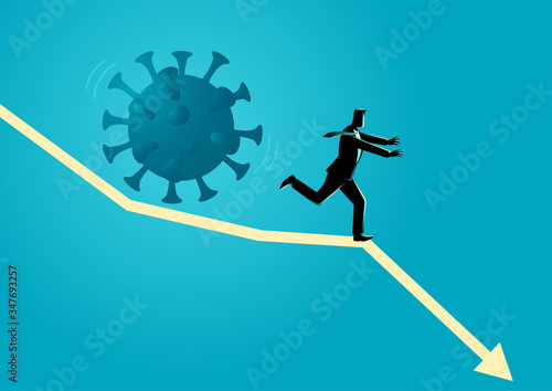 Businessman running away from giant coronavirus