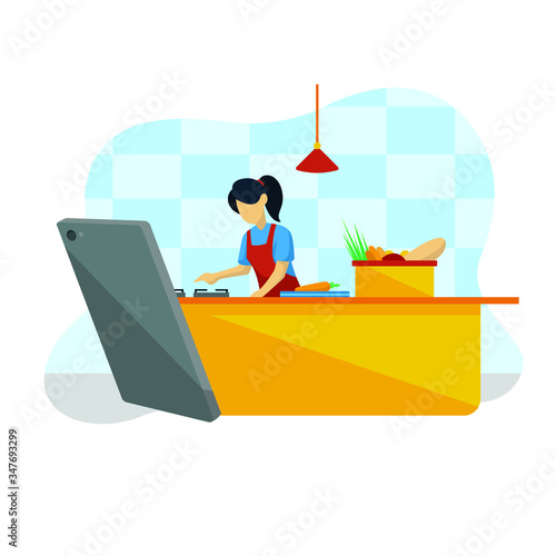Woman cooking and view recipe by smartphone in kitchen, good for promotion, illustration, landing page or instruction and etc