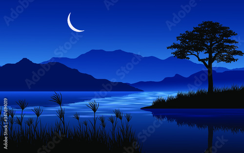 night landscape with lake and crescent moon