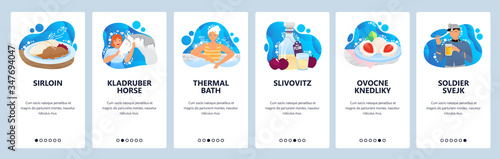 Czech culture website and mobile app onboarding screens vector template