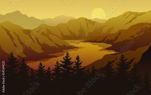 sunset or sunrise in mountains with lake and pine trees © Johnster Designs