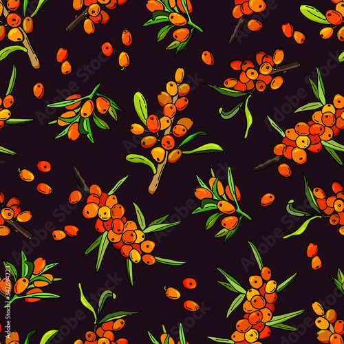 Seamless pattern of sea buckthorn berries on a dark background. Cartoon style. Stock illustration. Design for wallpaper, fabric, textile, packaging.