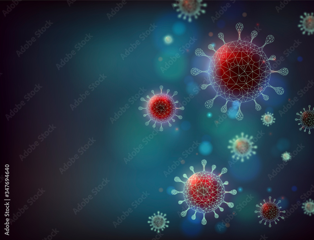 Coronavirus background. Covid-19 virus illustration. Coronavirus wallpaper in blue tone. Coronavirus danger and public health risk disease.