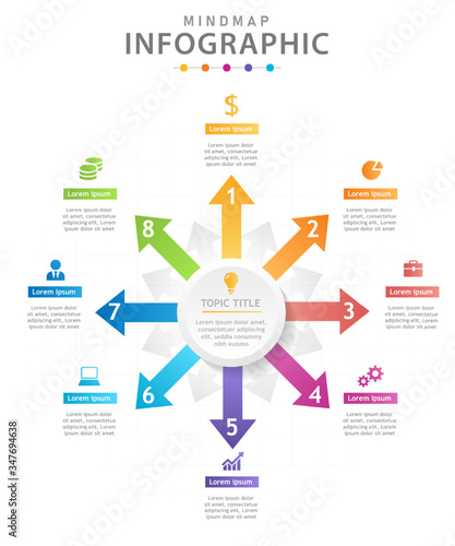 Infographic template for business. 6 Steps Modern Mindmap diagram with arrows, presentation vector infographic.