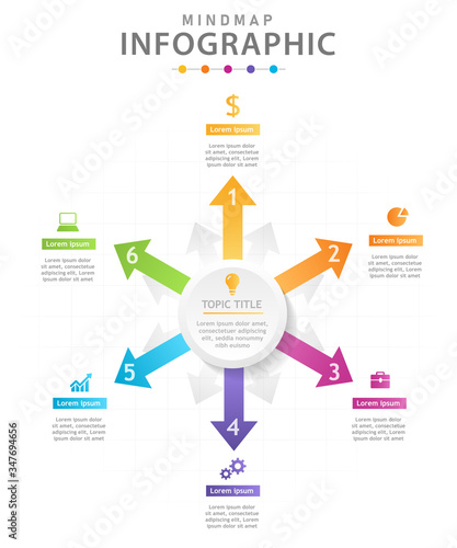 Infographic template for business. 6 Steps Modern Mindmap diagram with arrows, presentation vector infographic.
