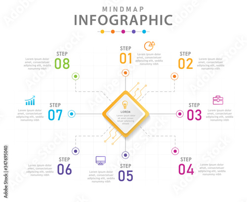 Infographic template for business. 8 Steps Modern Mindmap diagram with curcuit concept. presentation vector infographic.