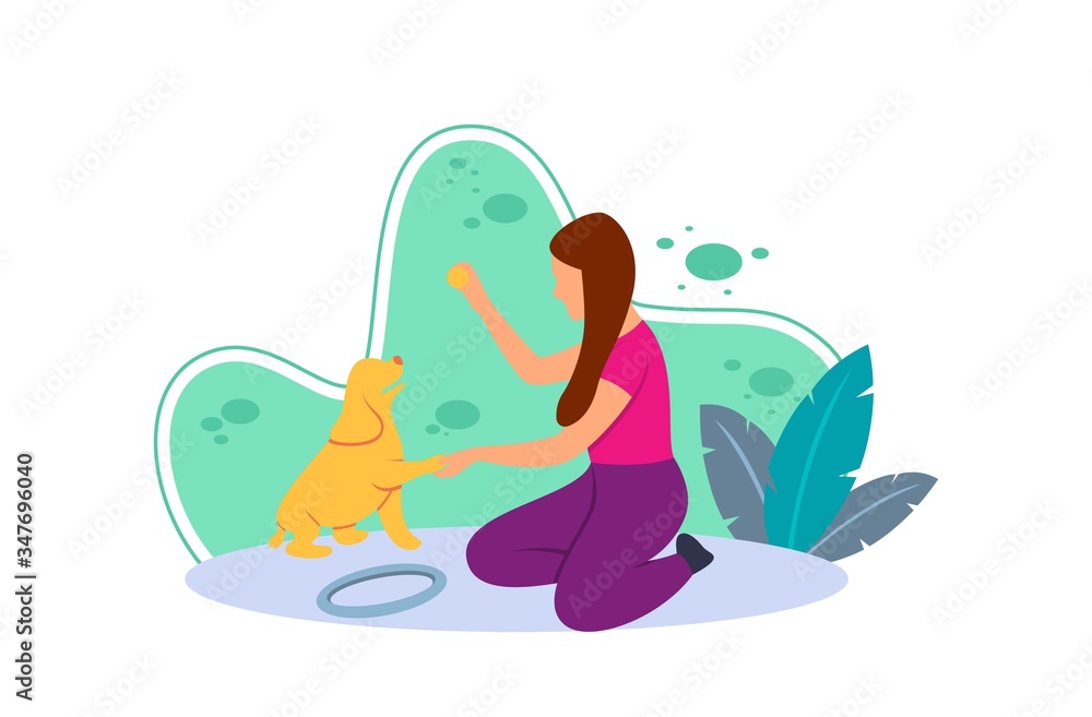 Flat illustration of a girl sitting happily playing with her dog. cartoon character with the concept of friendship with a dog. Have free time when quarantine with a flat cartoon style. Flat illustration of a girl sitting happily playing with her dog. cartoon character with the concept of friendship with a dog. Have free time when quarantine with a flat cartoon style.