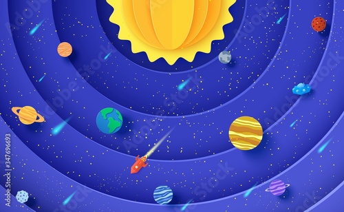 Solar system model in paper cut style. Round layers galaxy space with cartoon planets, red polygonal rocket, comets and origami UFO. 3d vector background with flying saucer in starry night sky.