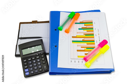 Notebook,calculator, Blue file, graph sheet, Color highlight pen on white background isolated, concept Office equipment