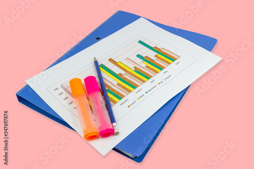 pencil, Blue file, graph sheet, Color highlight pen on white background isolated, concept Office equipment