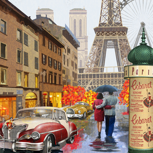 Rainy Paris vintage poster.