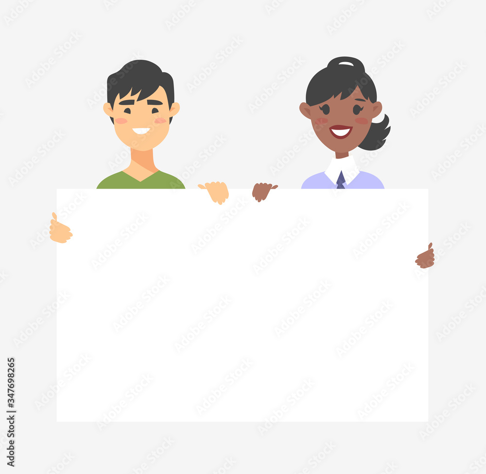 Male and female characters with board. Cartoon style people icons. Isolated guys avatars. Flat illustration men and women faces. Hand drawn vector drawing girls and boys portraits Male and female characters with board. Cartoon style people icons. Isolated guys avatars. Flat illustration men and women faces. Hand drawn vector drawing girls and boys portraits