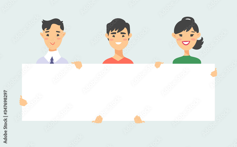 Male and female characters with board. Cartoon style people icons. Isolated guys avatars. Flat illustration men and women faces. Hand drawn vector drawing girls and boys portraits Male and female characters with board. Cartoon style people icons. Isolated guys avatars. Flat illustration men and women faces. Hand drawn vector drawing girls and boys portraits