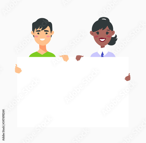 Male and female characters with board. Cartoon style people icons. Isolated guys avatars. Flat illustration men and women faces. Hand drawn vector drawing girls and boys portraits