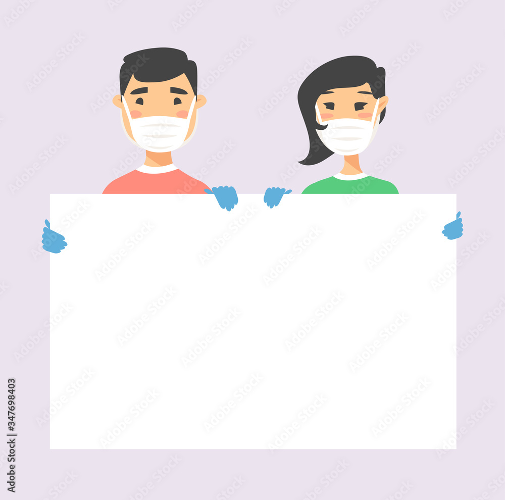 Male and female character with board. Cartoon masked people in gloves. Isolated avatar. Flat illustration protected men and women face. Hand drawn vector drawing safe girl and boy portrait Male and female character with board. Cartoon masked people in gloves. Isolated avatar. Flat illustration protected men and women face. Hand drawn vector drawing safe girl and boy portrait