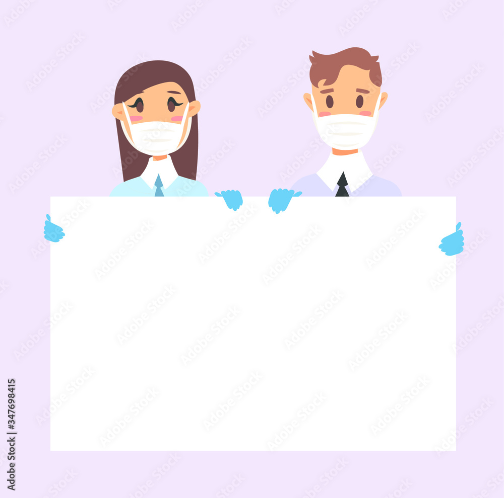 Male and female character with board. Cartoon masked people in gloves. Isolated avatar. Flat illustration protected men and women face. Hand drawn vector drawing safe girl and boy portrait Male and female character with board. Cartoon masked people in gloves. Isolated avatar. Flat illustration protected men and women face. Hand drawn vector drawing safe girl and boy portrait