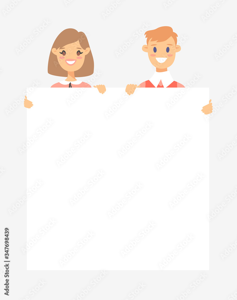 Male and female characters with board. Cartoon style people icons. Isolated guys avatars. Flat illustration men and women faces. Hand drawn vector drawing girls and boys portraits Male and female characters with board. Cartoon style people icons. Isolated guys avatars. Flat illustration men and women faces. Hand drawn vector drawing girls and boys portraits
