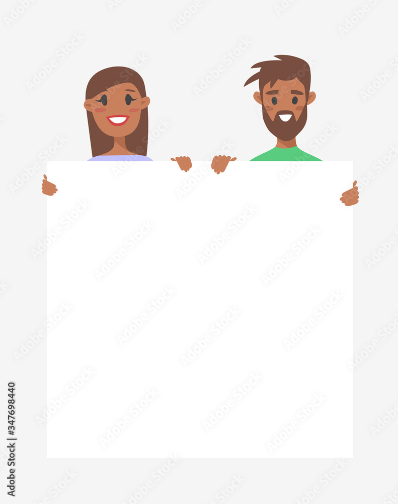 Male and female characters with board. Cartoon style people icons. Isolated guys avatars. Flat illustration men and women faces. Hand drawn vector drawing girls and boys portraits